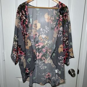 Gray Floral Kimono Womens Multicolor Size 2XL Semi Sheer Open Front